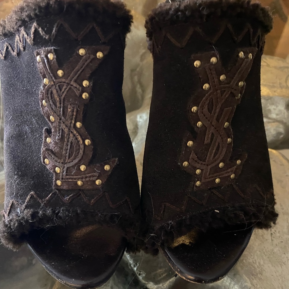 YSL platform shearling mules slides brown suede size 37